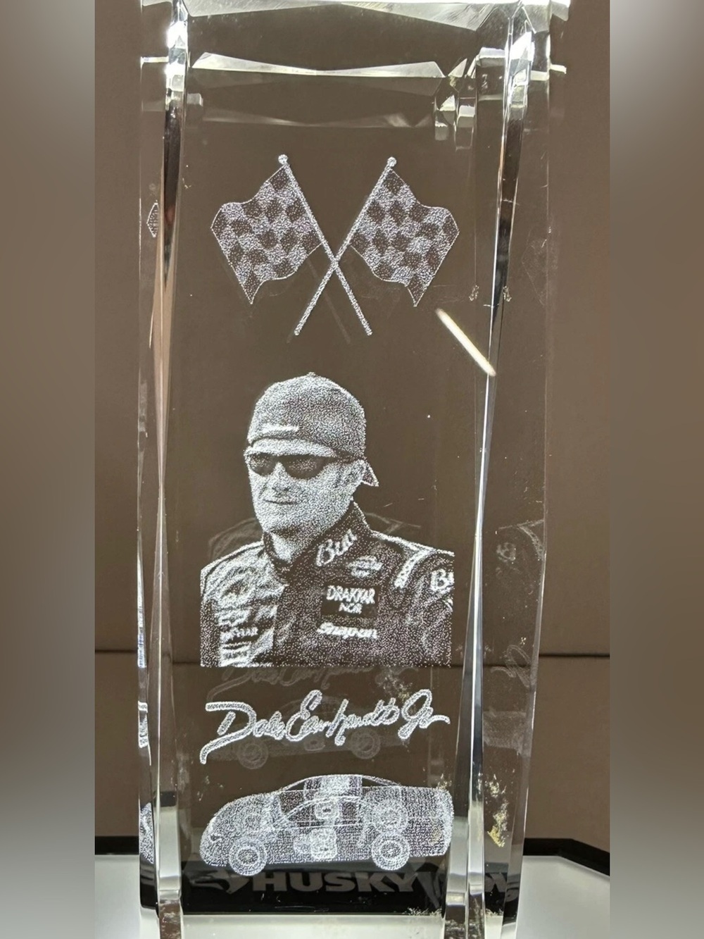 Dale Earnhardt Jr. w/ Checker Flag Glass Shelf/Table Decal/Paperweight (6” Tall)